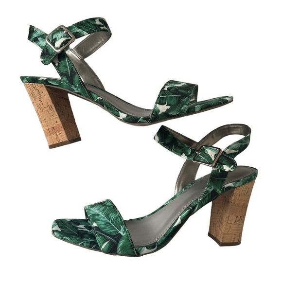 Block High Heel Sandals Worthington Baldwin Green Leaf Print Sandals Womens 10 - Picture 1 of 8